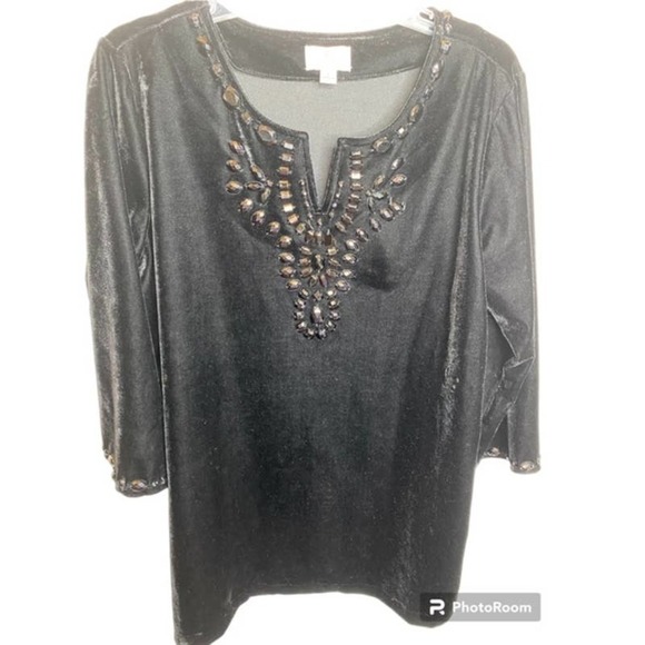 Quacker Factory Black Velour Top/Tunic with Beading Sz Large - Picture 1 of 4